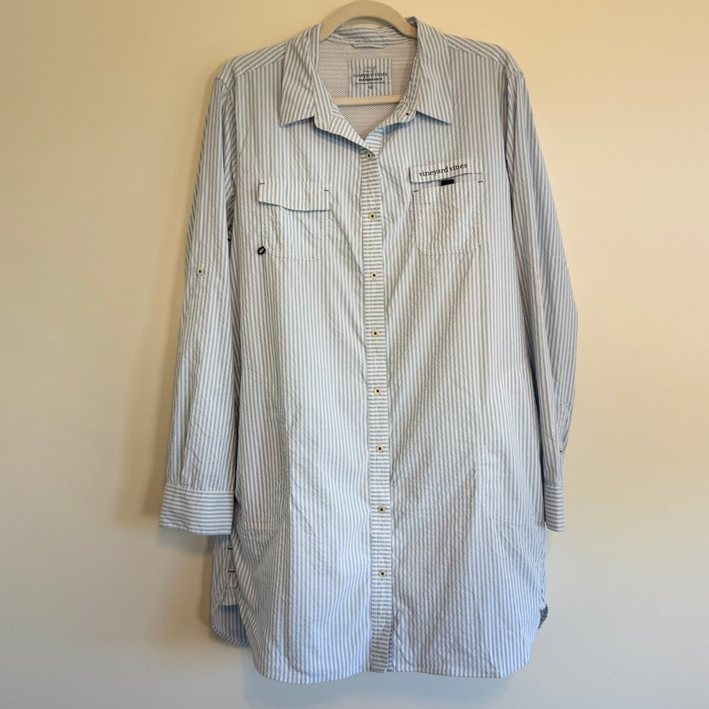 Vineyard Vines Performance Seersucker Stripe Shirt Dress Blue White Womens 16